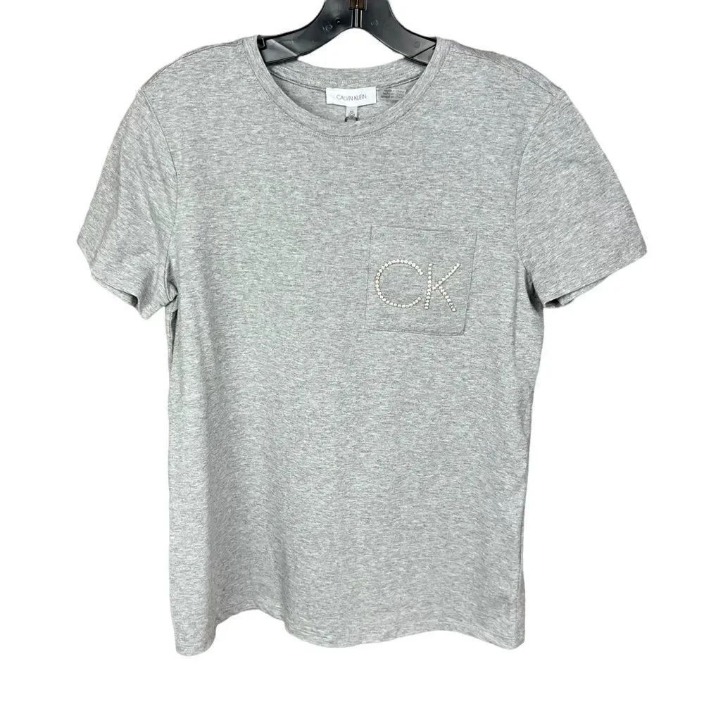 Calvin Klein Tee Shirt Grey Short Sleeve One Pocket Rhinestone CK Initials XS